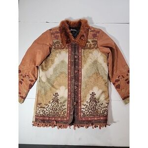 Charisma Women's Medium Vintage Tapestry Coat Faux Suede‎ Fur Collar Brown Boho